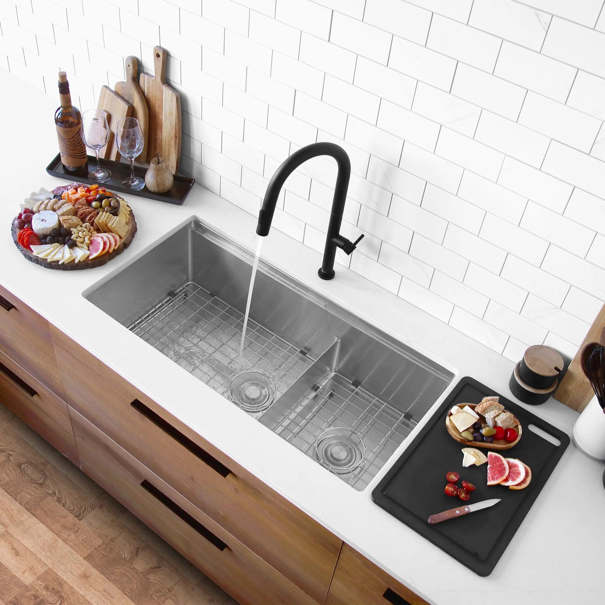 Stylish Undermount 36 inch Stainless Steel Double Bowl Workstation Kitchen Sink with Black Accessories - Plumbing Market