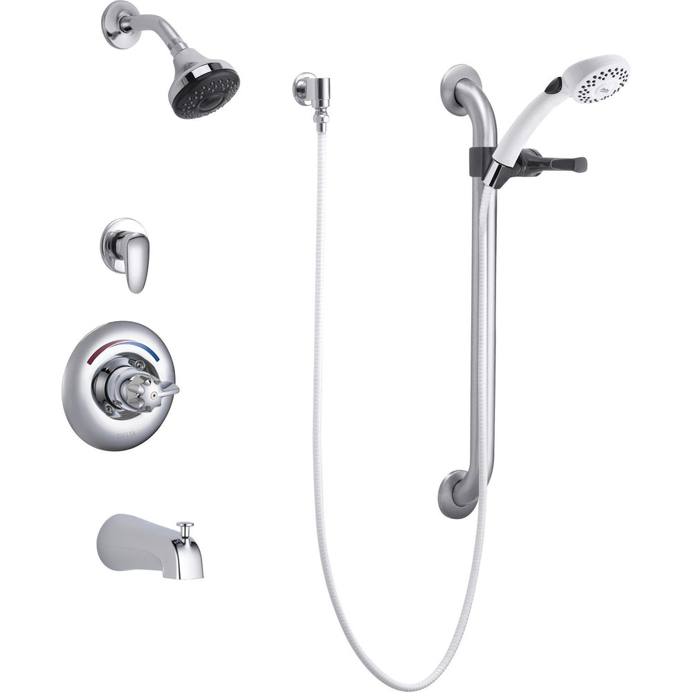 Delta Commercial T13H933 Tub and Shower Trim with Diverter, Shower Head, Hand Shower and Grab Bar