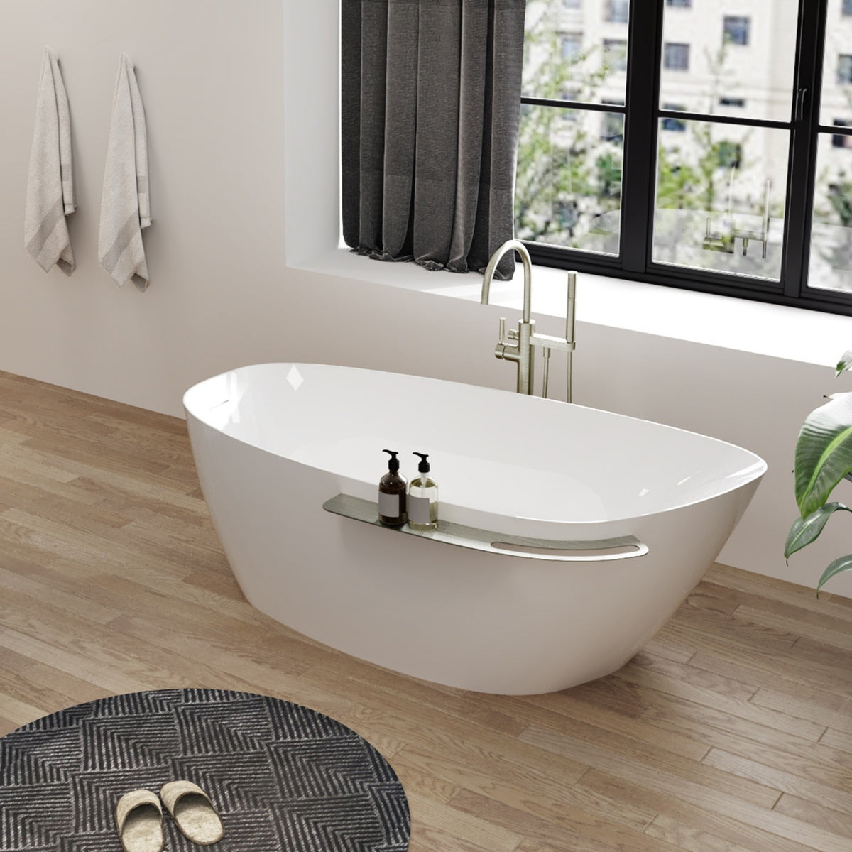 Zitta Aito Freestanding bathtub, 66", in glossy white with drain on left, brushed nickel shelf TAO6633FA041