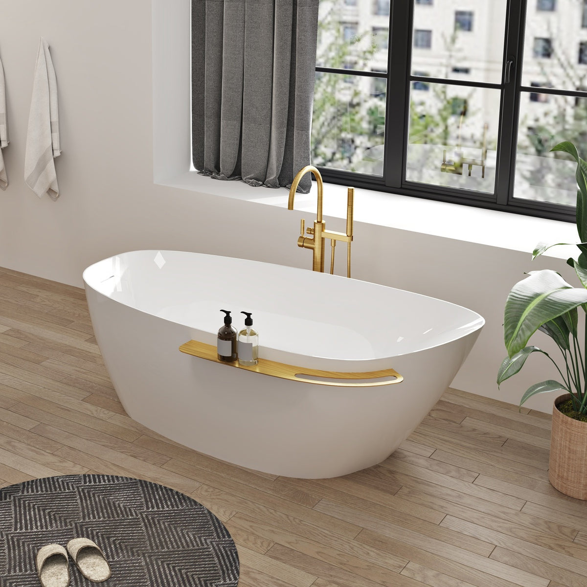Zitta Aito Freestanding bathtub, 66", in glossy white with drain on left, brushed gold shelf TAO6633FA051