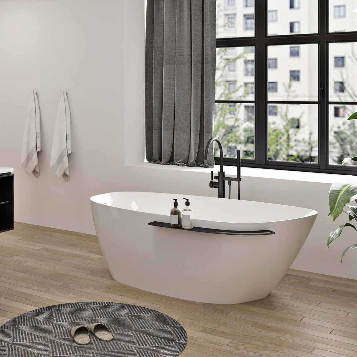 Zitta Aito Freestanding bathtub, 66", in glossy white with drain on left, matte black shelf TAO6633FA071