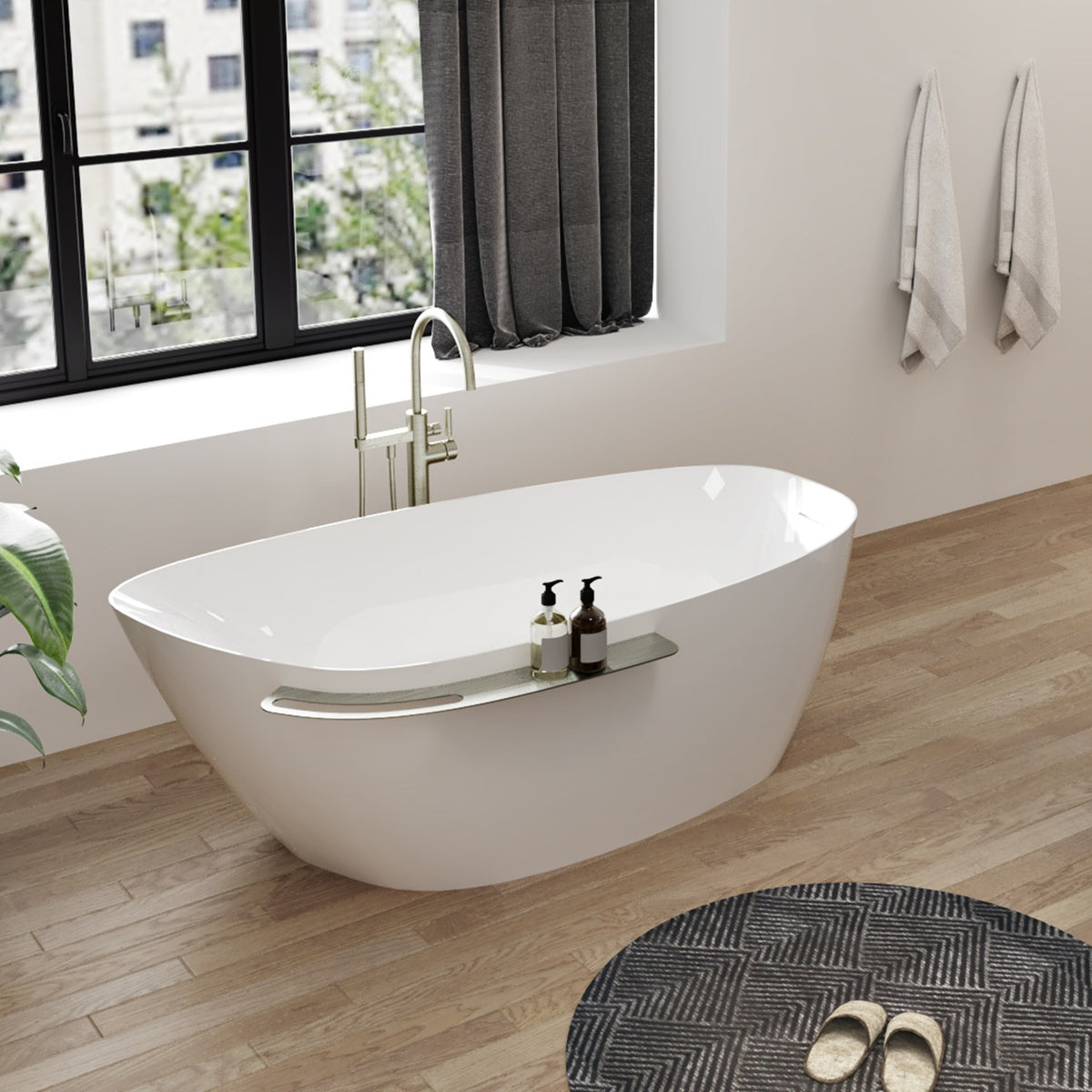 Zitta Aito Freestanding bathtub, 66", in glossy white with drain on right, brushed nickel shelf TAO6633FAR41