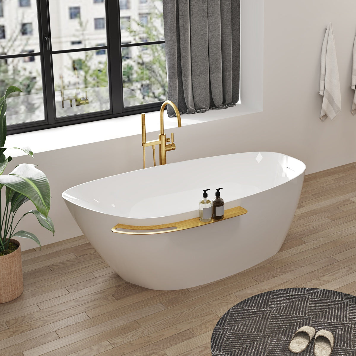 Zitta Aito Freestanding bathtub, 66", in matte white with drain on right, brushed gold shelf TAO6633FAR55