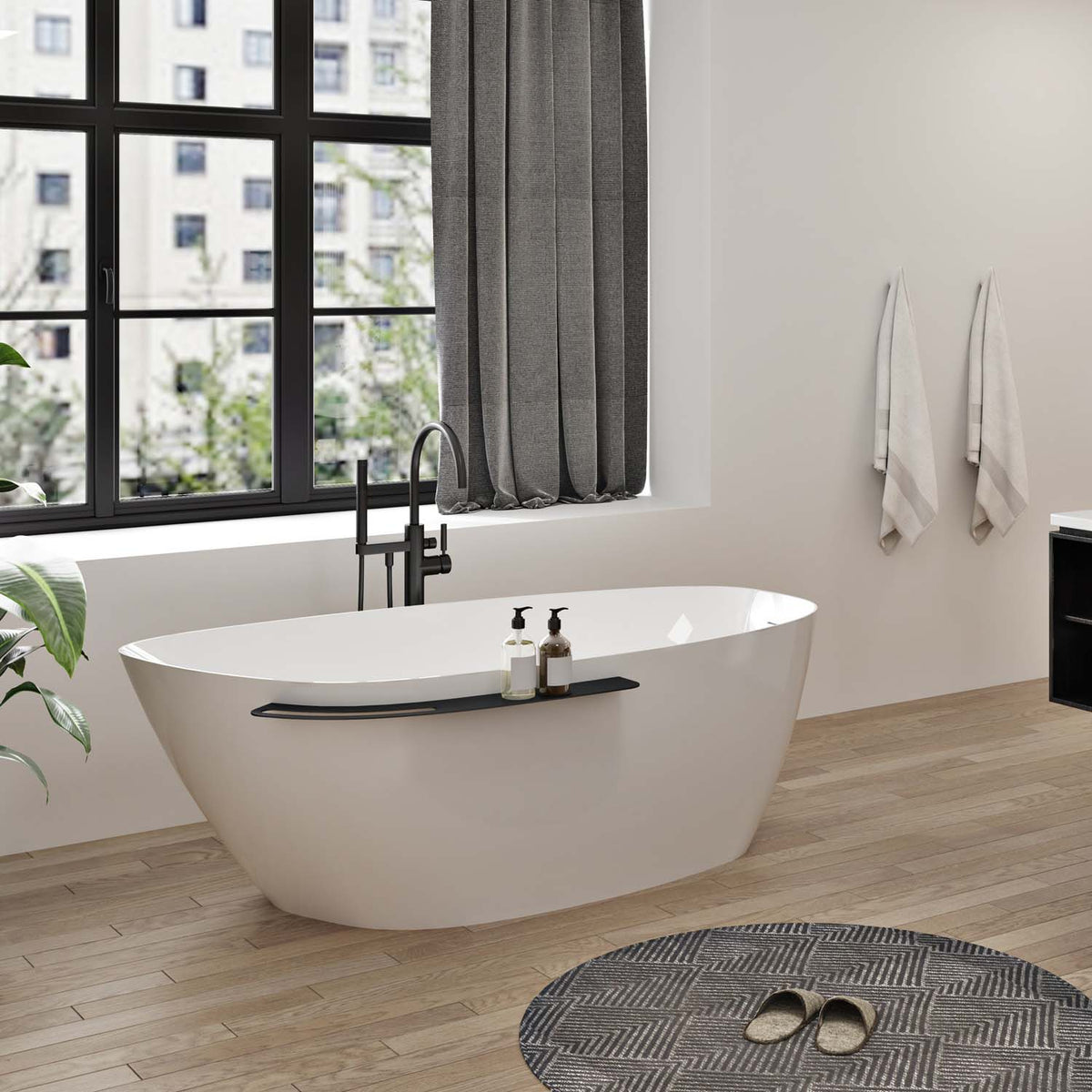 Zitta Aito Freestanding bathtub, 66", in matte white with drain on right,matte black shelf TAO6633FAR75