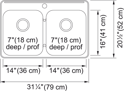Kindred Steel Queen 31.25" drop-in stainless steel kitchen sink QDL2031-7-1 dimension drawing