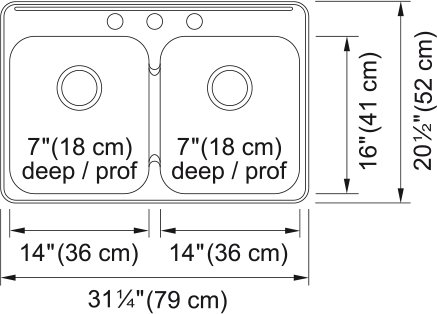 Kindred Steel Queen 31.25" drop-in stainless steel kitchen sink QDL2031-7-3 dimension drawing