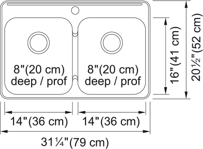 Kindred Steel Queen 31.25" drop-in stainless steel kitchen sink QDL2031-8-1 dimension drawing