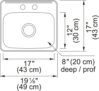 Kindred Steel Queen 19.13" drop-in stainless steel kitchen sink QSL1719-8-2 dimension drawing