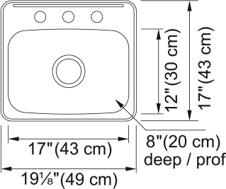 Kindred Steel Queen 19.13" drop-in stainless steel kitchen sink QSL1719-8-3 dimension drawing