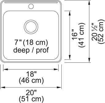 Kindred Steel Queen 20" drop-in stainless steel kitchen sink QSL2020-7-1 dimension drawing