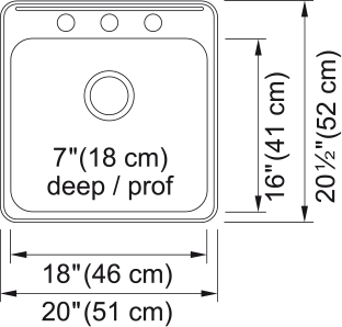 Kindred Steel Queen 20" drop-in stainless steel kitchen sink QSL2020-7-3 dimension drawing