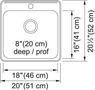 Kindred Steel Queen 20" drop-in stainless steel kitchen sink QSL2020-8-1 dimension drawing