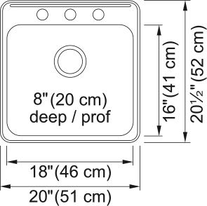 Kindred Steel Queen 20" drop-in stainless steel kitchen sink QSL2020-8-3 dimension drawing