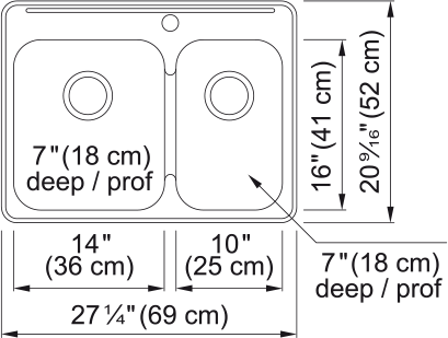 Kindred Reginox 31.25" drop-in stainless steel kitchen sink RCL2027R-1 dimension drawing