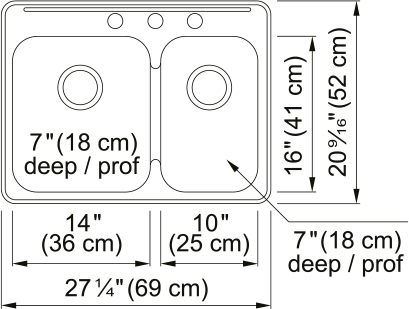 Kindred Reginox 27.25" drop-in stainless steel kitchen sink RCL2027R-3 dimension drawing