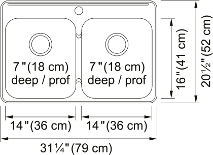 Kindred Reginox 31.25" drop-in stainless steel kitchen sink RDL2031-1 dimension drawing