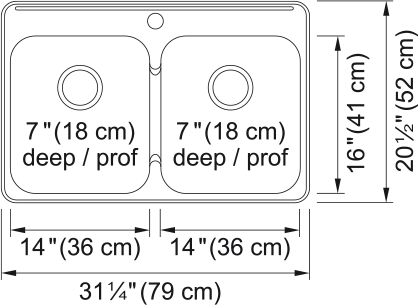 Kindred Reginox 31.25" drop-in stainless steel kitchen sink RDL5279-1 dimension drawing