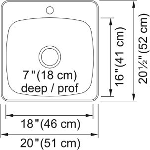 Kindred Reginox 20.13" drop-in stainless steel kitchen sink RSL2020-1 dimension drawing