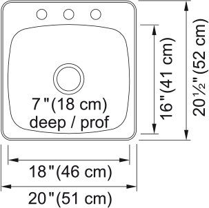 Kindred Reginox 20.13" drop-in stainless steel kitchen sink RSL2020-3 dimension drawing