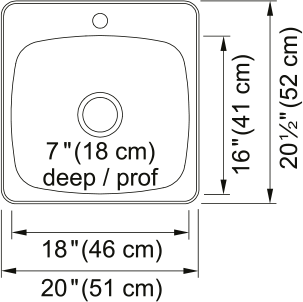 Kindred Reginox 20.13" drop-in stainless steel kitchen sink RSL5251-1 dimension drawing