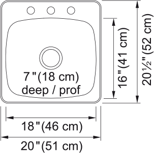 Kindred Reginox 20.13" drop-in stainless steel kitchen sink RSL5251-3 dimension drawing