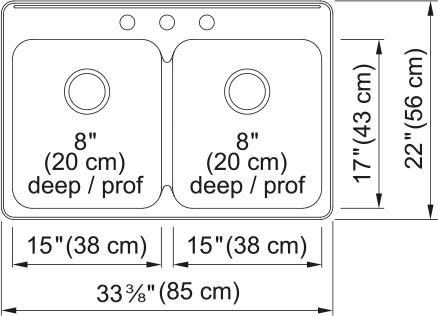 Kindred Steel Queen 33.38" drop-in stainless steel kitchen sink QDLA2233-8-3 dimension drawing