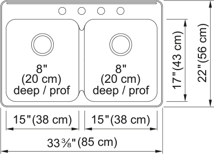 Kindred Steel Queen 33.38" drop-in stainless steel kitchen sink QDLA2233-8-4 dimension drawing