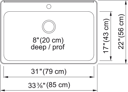 Kindred Steel Queen 33.38" drop-in stainless steel kitchen sink QSLA2233-8-1 dimension drawing