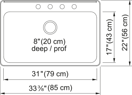 Kindred Steel Queen 33.38" drop-in stainless steel kitchen sink QSLA2233-8-4 dimension drawing