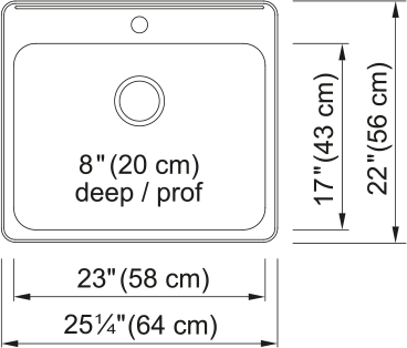 Kindred Steel Queen 25.25" drop-in stainless steel kitchen sink QSLA2225-8-1 dimension drawing