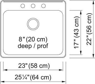 Kindred Steel Queen 25.25" drop-in stainless steel kitchen sink QSLA2225-8-3 dimension drawing