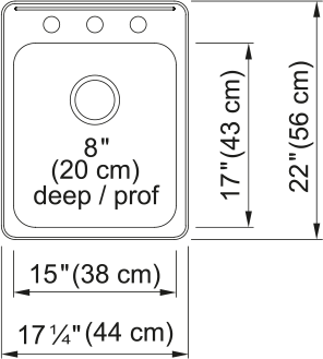Kindred Steel Queen 17.25" drop-in stainless steel kitchen sink QSLA2217-8-3 dimension drawing