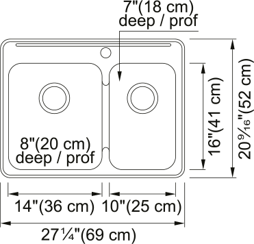 Kindred Steel Queen 27.25" drop-in stainless steel kitchen sink QCLA2027R-8-1 dimension drawing
