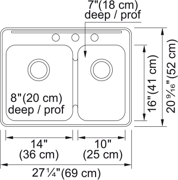 Kindred Steel Queen 27.25" drop-in stainless steel kitchen sink QCLA2027R-8-3 dimension drawing