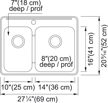 Kindred Steel Queen 27.25" drop-in stainless steel kitchen sink QCLA2027L-8-1 dimension drawing