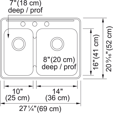 Kindred Steel Queen 27.25" drop-in stainless steel kitchen sink QCLA2027L-8-3 dimension drawing