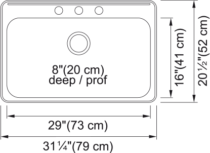Kindred Steel Queen 31.25" drop-in stainless steel kitchen sink QSLA2031-8-1 dimension drawing
