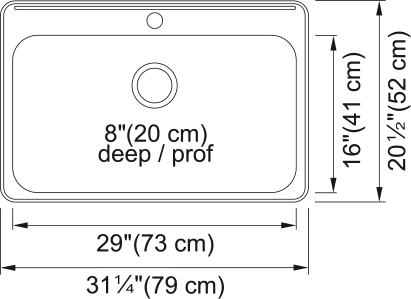 Kindred Steel Queen 31.25" drop-in stainless steel kitchen sink QSLA2031-8-3 dimension drawing