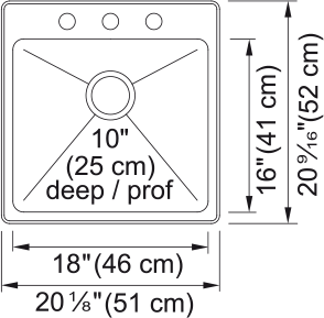 Kindred Steel Queen 20.13" dual mount stainless steel kitchen sink QSLF2020-10-3 dimension drawing