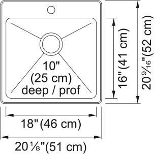 Kindred Steel Queen 20.13" dual mount stainless steel kitchen sink QSLF2020-10-1 dimension drawing