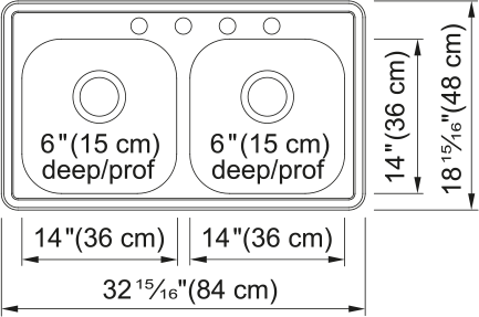 Kindred Creemore 32.94" drop-in stainless steel kitchen sink RDLA3319-6-4CB dimension drawing