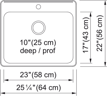 Kindred Steel Queen 25.25" drop-in stainless steel kitchen sink QSLA2225-10-1 dimension drawing