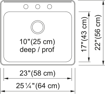 Kindred Steel Queen 25.25" drop-in stainless steel kitchen sink QSLA2225-10-3 dimension drawing