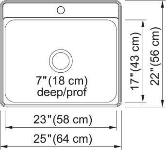 Kindred Creemore 25" drop-in stainless steel kitchen sink CSLA2522-7-1 dimension drawing