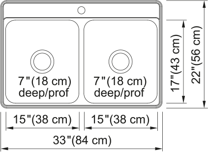 Kindred Creemore 33" drop-in stainless steel kitchen sink CDLA3322-7-1 dimension drawing