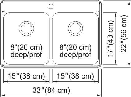 Kindred Creemore 33" drop-in stainless steel kitchen sink CDLA3322-8-1CB dimension drawing