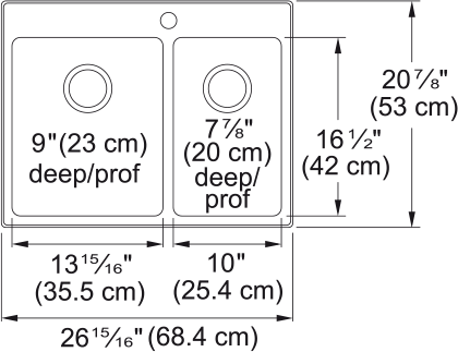 Kindred Brookmore 27" drop-in stainless steel kitchen sink BCL2127R-9-1 dimension drawing
