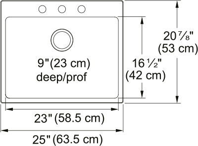 Kindred Brookmore 25" drop-in stainless steel kitchen sink BSL2125-9-3 dimension drawing