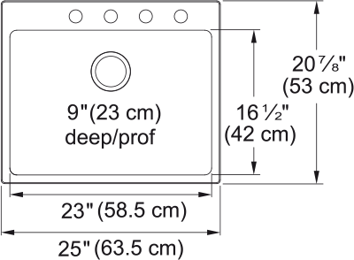 Kindred Brookmore 25" drop-in stainless steel kitchen sink BSL2125-9-4 dimension drawing