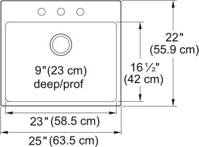 Kindred Brookmore 25" drop-in stainless steel kitchen sink BSL2225-9-3 dimension drawing